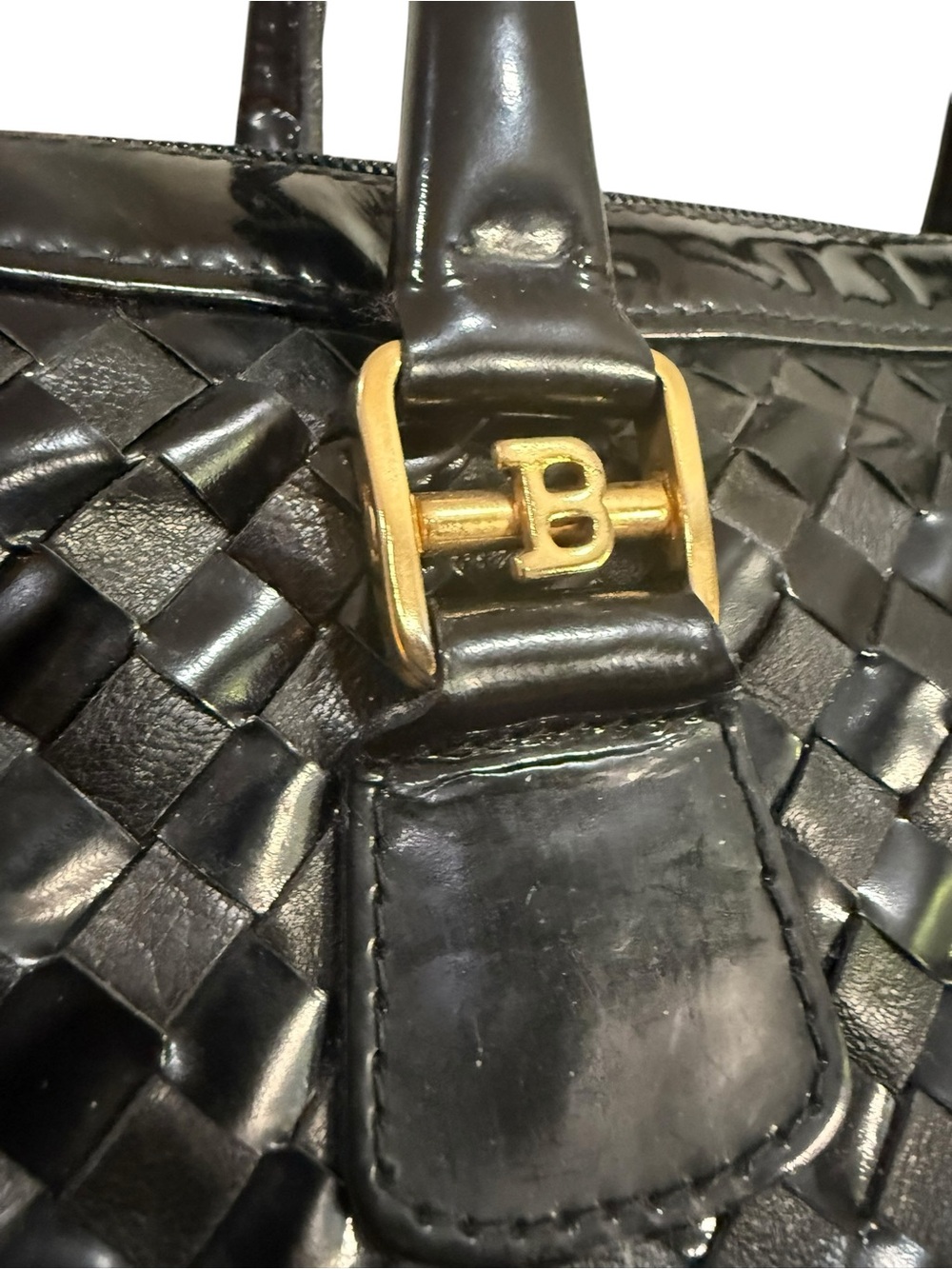 Vintage Bally Black Woven Leather Satchel Bag Gold Hardware Quiet Luxury Italy - Picture 6 of 14